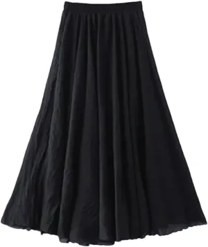 Rfmfkkg Womens Cotton Linen Maxi Skirt Casual Elastic High Waist Pleated A-Line Beach Skirts Boho