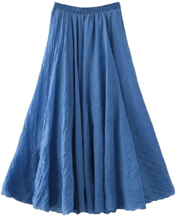 Rfmfkkg Womens Cotton Linen Maxi Skirt Casual Elastic High Waist Pleated A-Line Beach Skirts Boho