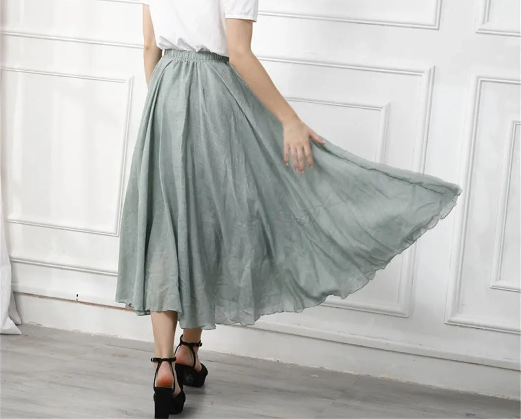 Rfmfkkg Womens Cotton Linen Maxi Skirt Casual Elastic High Waist Pleated A-Line Beach Skirts Boho