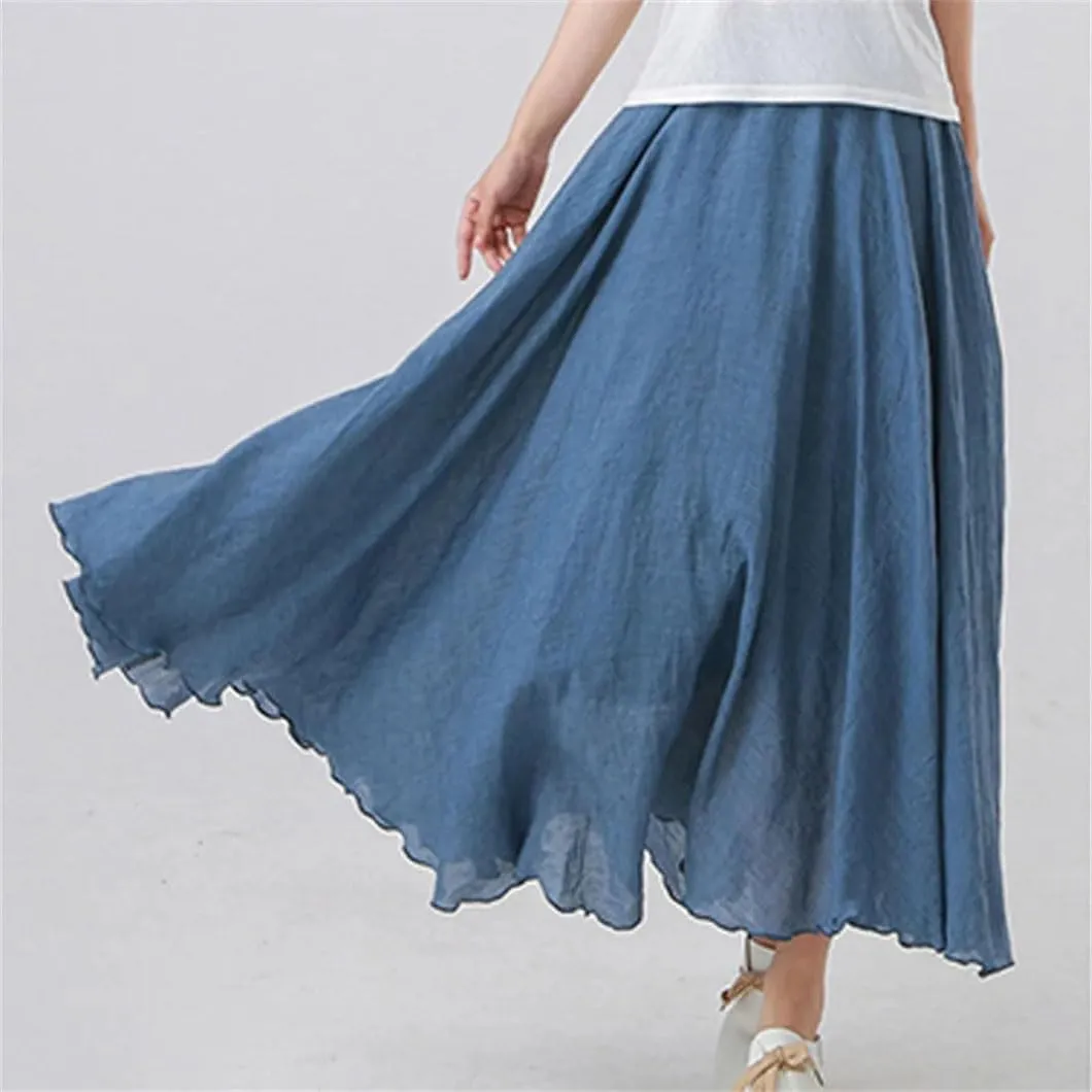 Rfmfkkg Womens Cotton Linen Maxi Skirt Casual Elastic High Waist Pleated A-Line Beach Skirts Boho