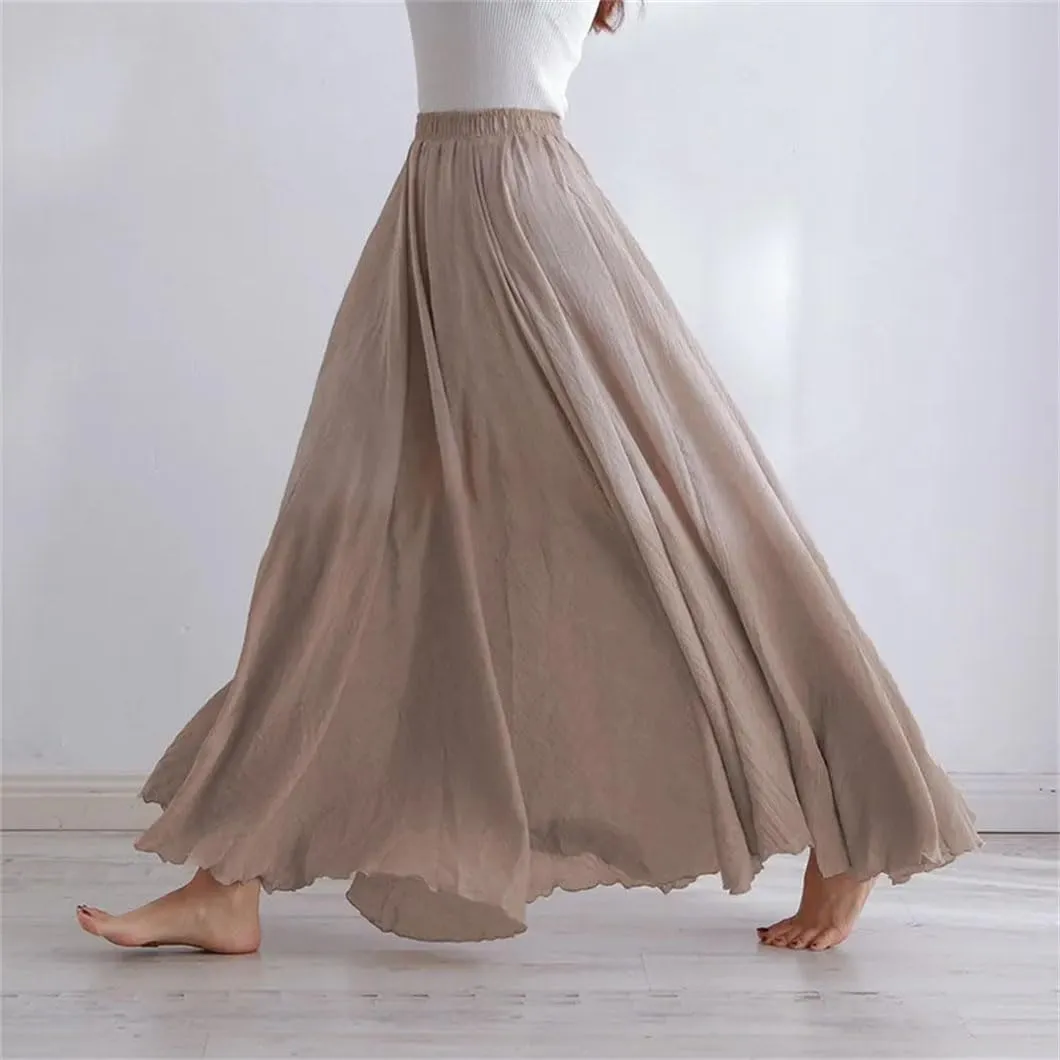 Rfmfkkg Womens Cotton Linen Maxi Skirt Casual Elastic High Waist Pleated A-Line Beach Skirts Boho