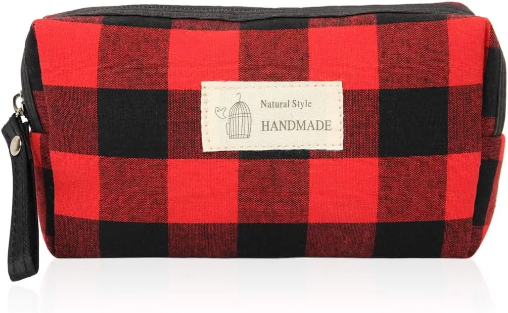 RIAH FASHION Portable Travel Clutch Cosmetic Makeup Pouch Bag - Toiletry Organizer Purse Wristlet Stripe, Floral, Plaid, Cork (Rectangle Pouch - Plaid Red/Black)