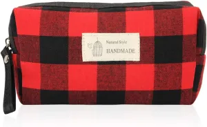 RIAH FASHION Portable Travel Clutch Cosmetic Makeup Pouch Bag - Toiletry Organizer Purse Wristlet Stripe, Floral, Plaid, Cork (Rectangle Pouch - Plaid Red/Black)