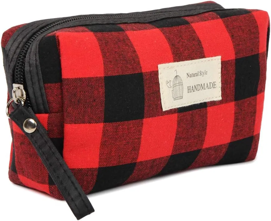 RIAH FASHION Portable Travel Clutch Cosmetic Makeup Pouch Bag - Toiletry Organizer Purse Wristlet Stripe, Floral, Plaid, Cork (Rectangle Pouch - Plaid Red/Black)