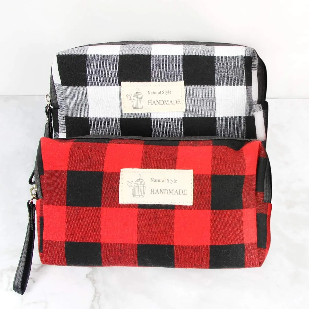 RIAH FASHION Portable Travel Clutch Cosmetic Makeup Pouch Bag - Toiletry Organizer Purse Wristlet Stripe, Floral, Plaid, Cork (Rectangle Pouch - Plaid Red/Black)