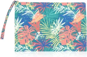 RIAH FASHION Portable Travel Multi Clutch Cosmetic Pouch Bag - Toiletry Makeup Organizer Wristlet Purse (Fabric Wristlet Clutch - Tropical Leaves Green/Coral)