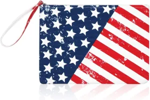 RIAH FASHION Portable Travel Multi Clutch Cosmetic Pouch Bag - Toiletry Makeup Organizer Wristlet Purse Stripe, Floral, Plaid, Leopard, Snake (Fabric Wristlet Clutch - USA Flag)