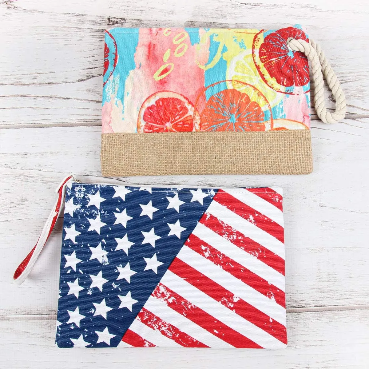 RIAH FASHION Portable Travel Multi Clutch Cosmetic Pouch Bag - Toiletry Makeup Organizer Wristlet Purse Stripe, Floral, Plaid, Leopard, Snake (Fabric Wristlet Clutch - USA Flag)
