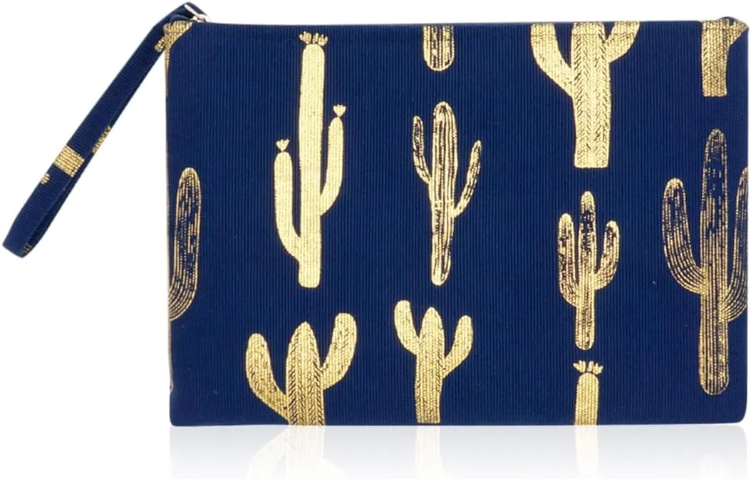 RIAH FASHION Portable Travel Multi Clutch Cosmetic Pouch Bag - Toiletry Makeup Organizer Wristlet Purse Stripe, Floral, Plaid, Leopard, Snake (Flat Wristlet Clutch - Cactus Navy)