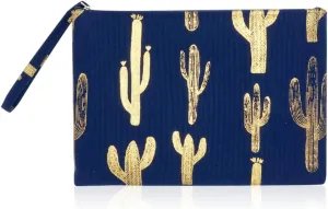 RIAH FASHION Portable Travel Multi Clutch Cosmetic Pouch Bag - Toiletry Makeup Organizer Wristlet Purse Stripe, Floral, Plaid, Leopard, Snake (Flat Wristlet Clutch - Cactus Navy)