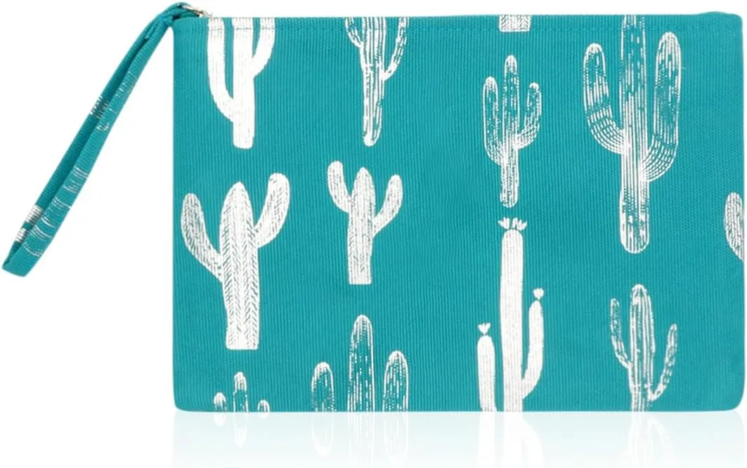 RIAH FASHION Portable Travel Multi Clutch Cosmetic Pouch Bag - Toiletry Makeup Organizer Wristlet Purse Stripe, Floral, Plaid, Leopard, Snake (Flat Wristlet Clutch - Cactus Turquoise)