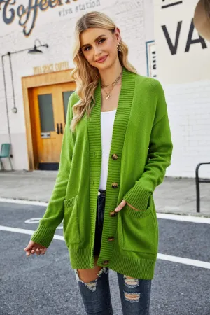 Ribbed Trim Dropped Shoulder V Neck Cardigan Sweater