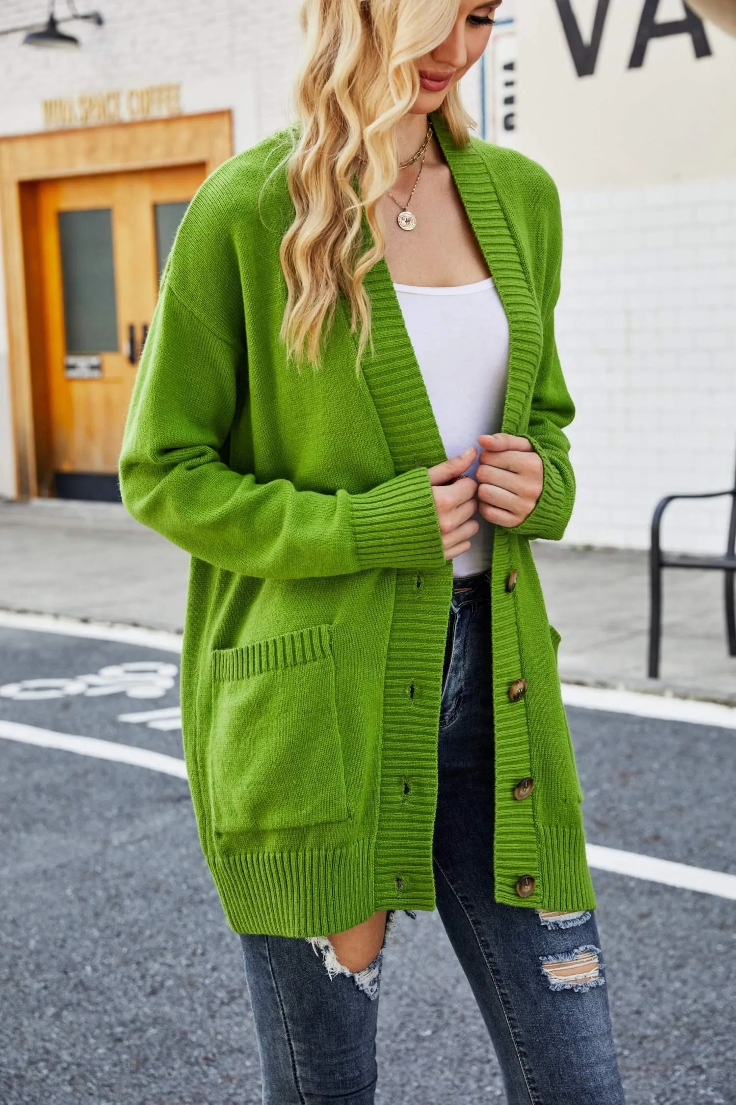 Ribbed Trim Dropped Shoulder V Neck Cardigan Sweater