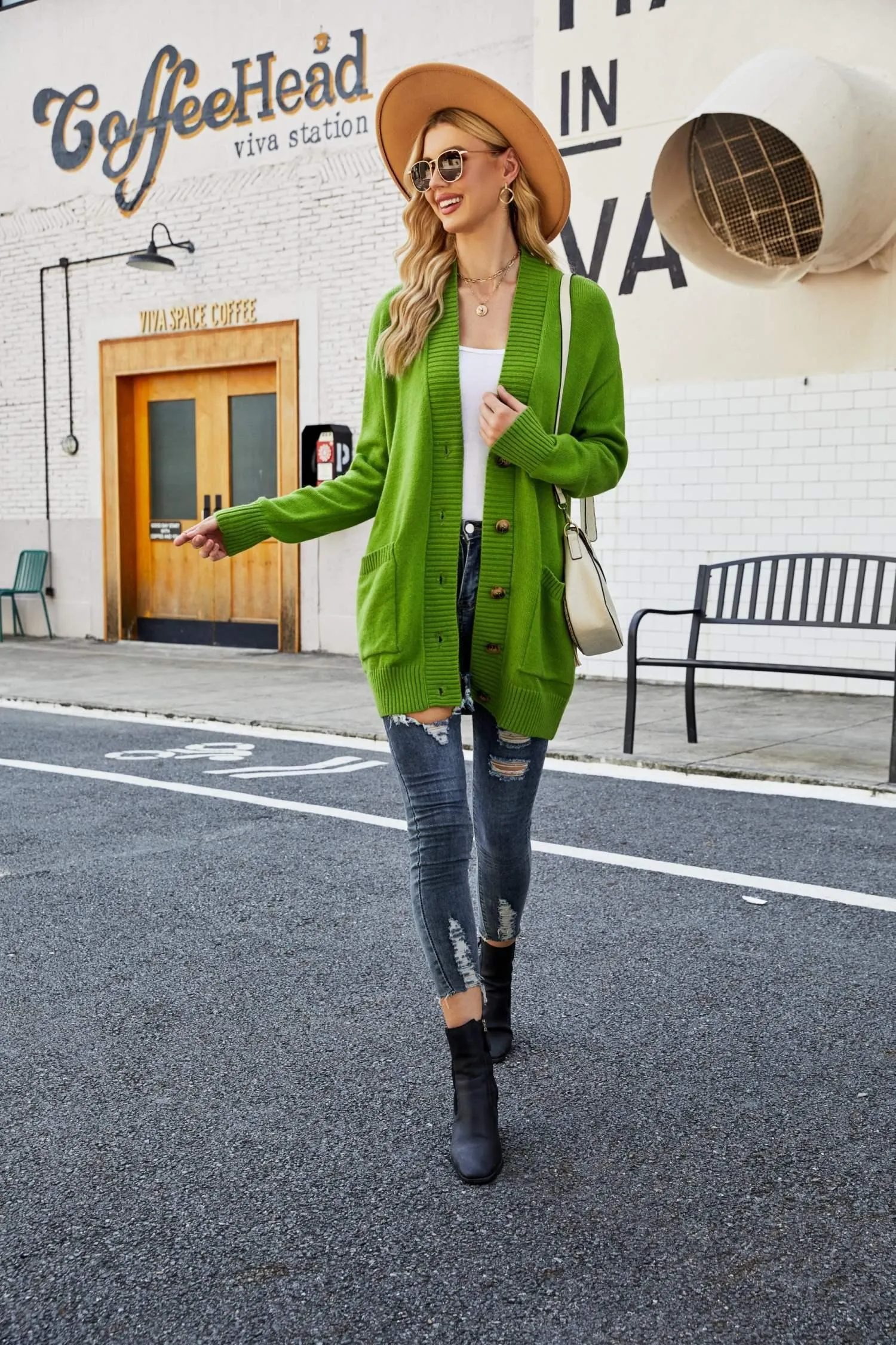 Ribbed Trim Dropped Shoulder V Neck Cardigan Sweater
