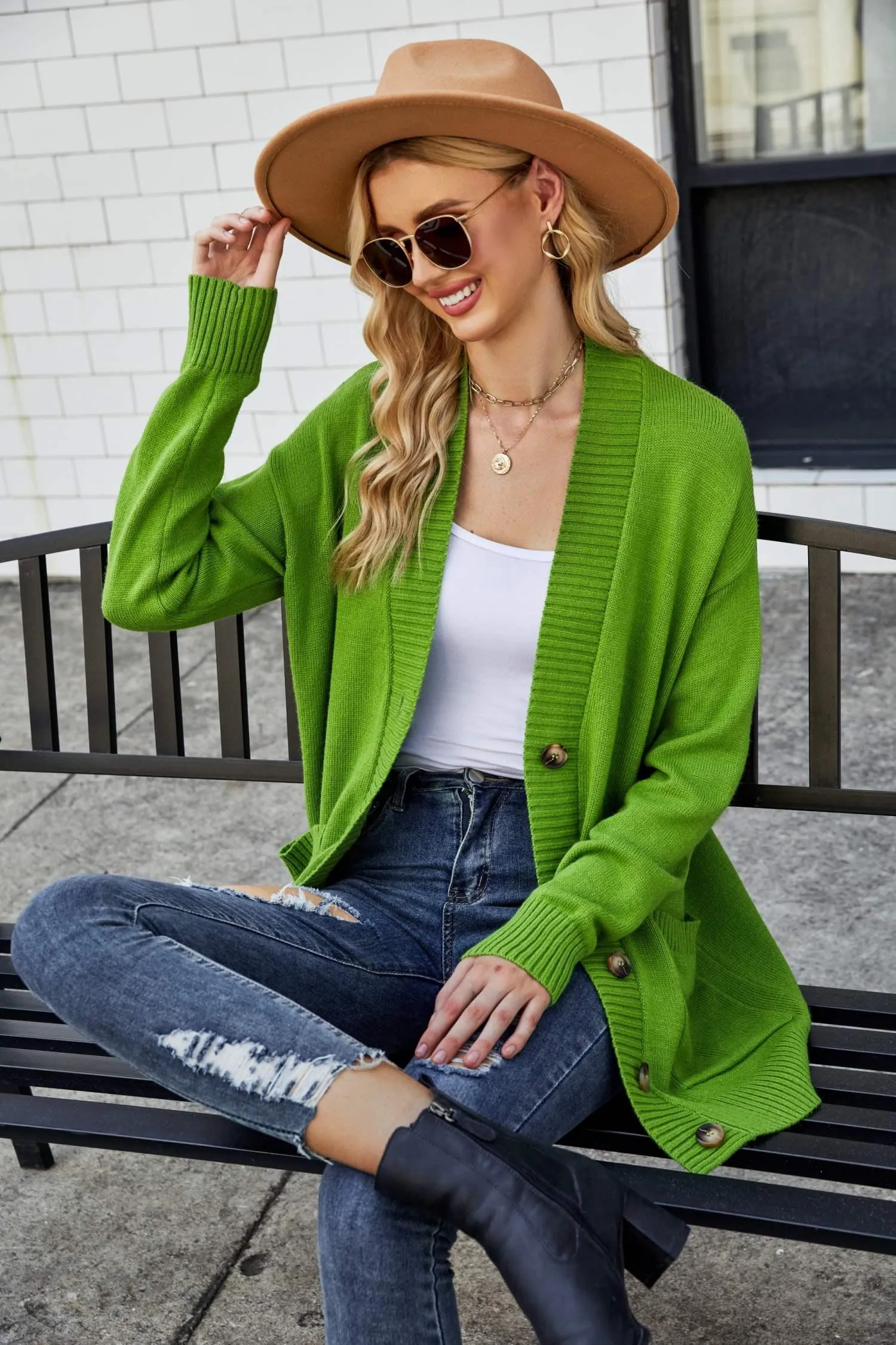Ribbed Trim Dropped Shoulder V Neck Cardigan Sweater