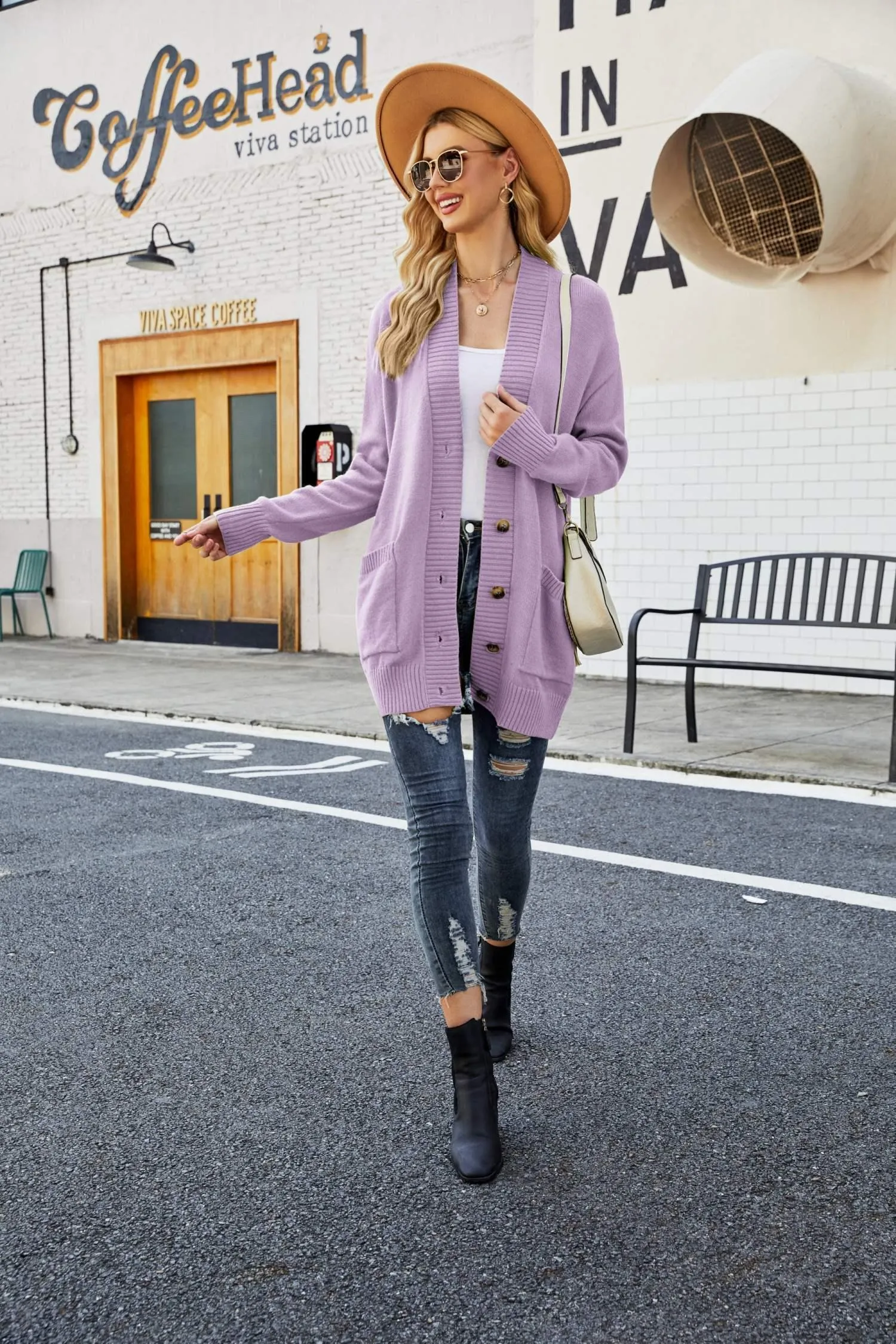 Ribbed Trim Dropped Shoulder V Neck Cardigan Sweater