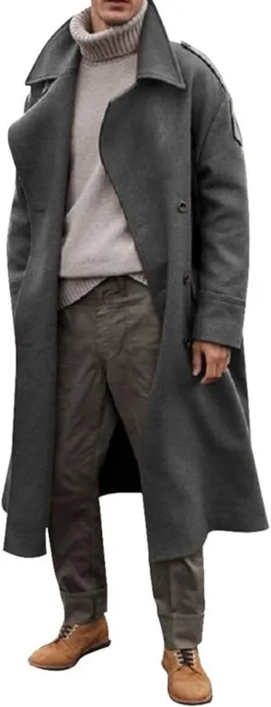 RINTONIX Men's Oversized Notched Long Faux Wool Blend Trench Coat Single Breasted Knee Length Lapel Winter Jacket