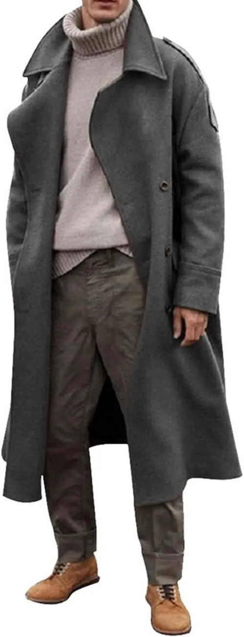 RINTONIX Men's Oversized Notched Long Faux Wool Blend Trench Coat Single Breasted Knee Length Lapel Winter Jacket