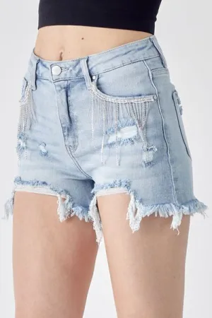 Risen Frayed Hem Denim Shorts