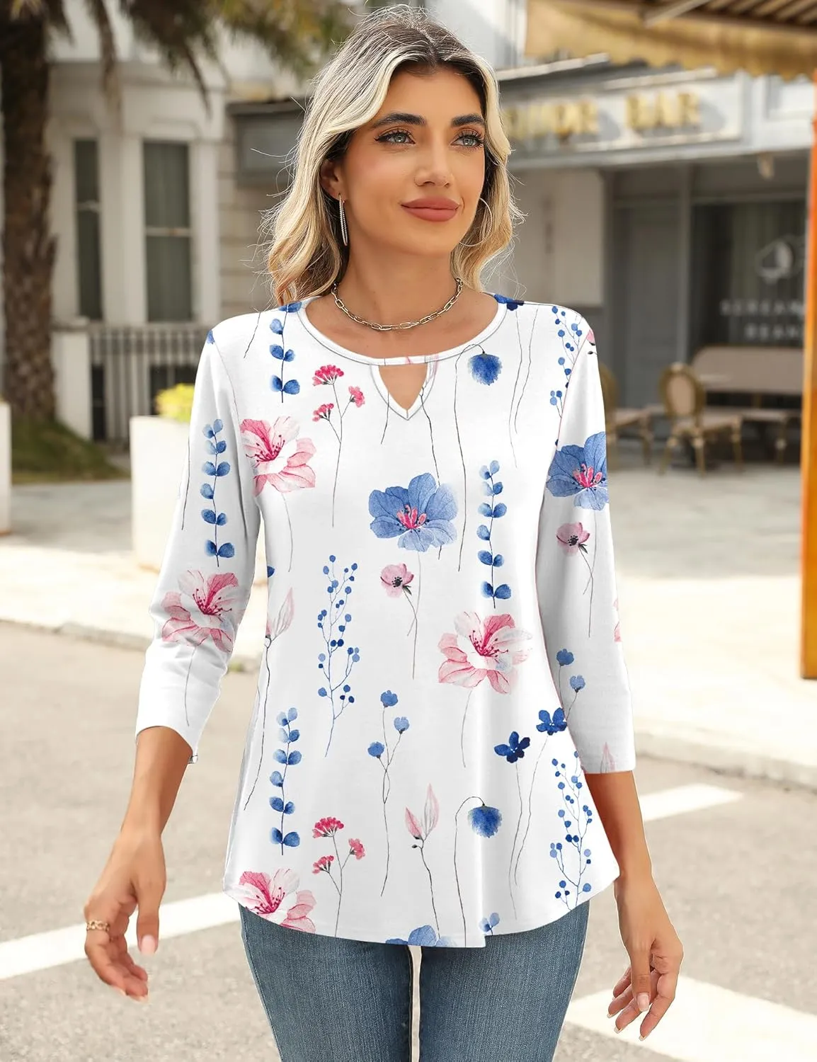 Romanstii 3/4 Length Sleeve Womens Tops Keyhole Crewneck Shirts Business Dressy Casual Tunic Blouses Summer Basic Tees