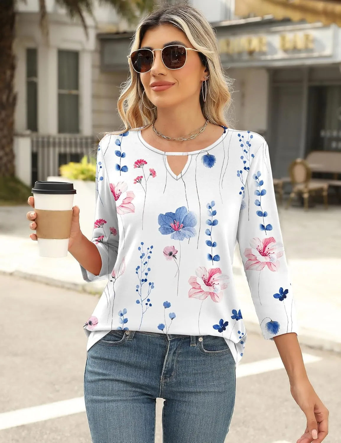 Romanstii 3/4 Length Sleeve Womens Tops Keyhole Crewneck Shirts Business Dressy Casual Tunic Blouses Summer Basic Tees