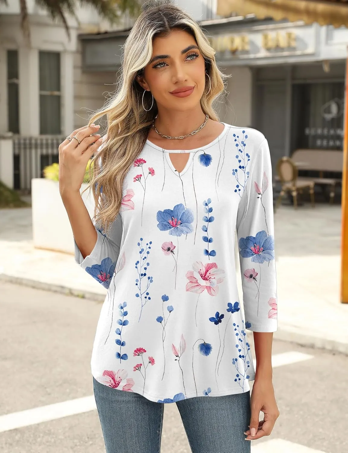 Romanstii 3/4 Length Sleeve Womens Tops Keyhole Crewneck Shirts Business Dressy Casual Tunic Blouses Summer Basic Tees