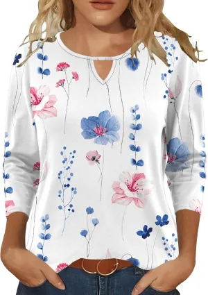 Romanstii 3/4 Length Sleeve Womens Tops Keyhole Crewneck Shirts Business Dressy Casual Tunic Blouses Summer Basic Tees