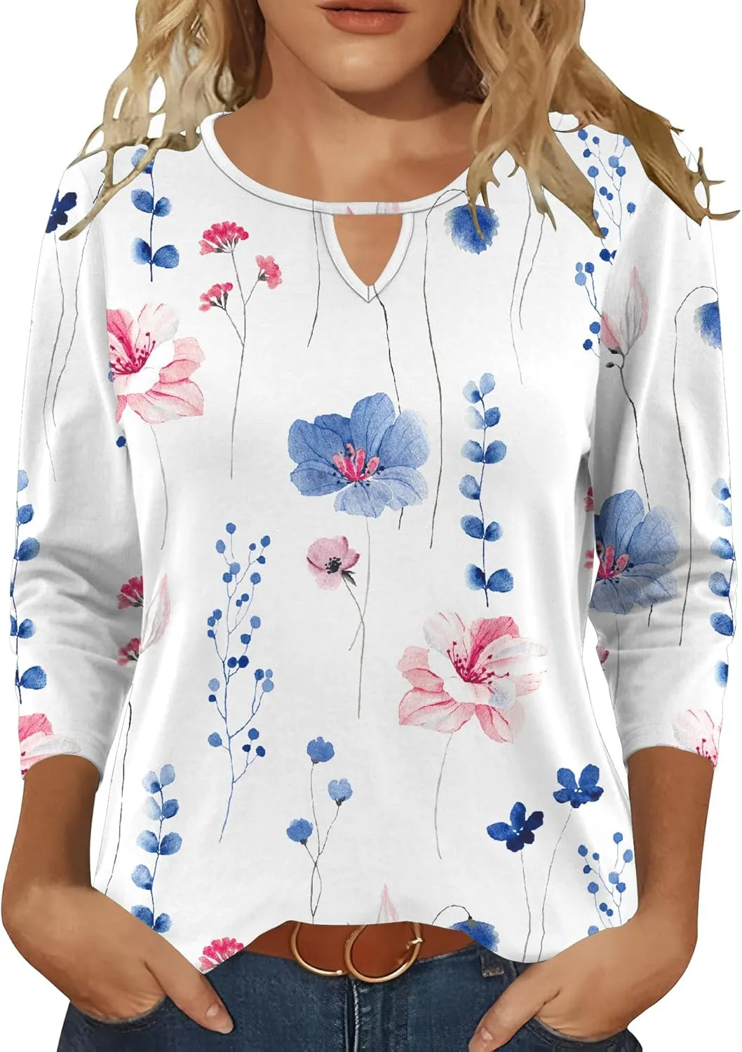 Romanstii 3/4 Length Sleeve Womens Tops Keyhole Crewneck Shirts Business Dressy Casual Tunic Blouses Summer Basic Tees