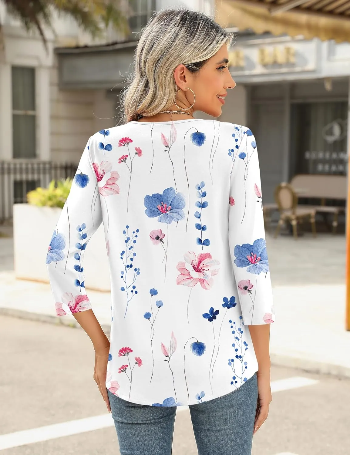 Romanstii 3/4 Length Sleeve Womens Tops Keyhole Crewneck Shirts Business Dressy Casual Tunic Blouses Summer Basic Tees