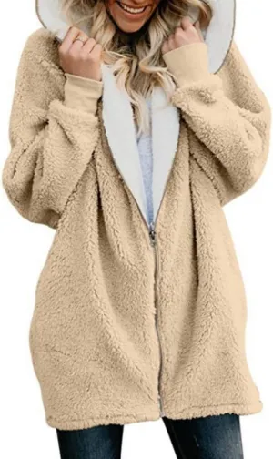 RONGTAI Women's Oversized Fleece Zip Hoodie with Pockets Cozy Sherpa Jacket for Winter, Soft Teddy Coat for Ladies