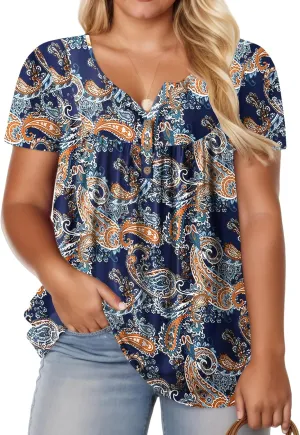 ROSRISS Womens-Plus-Size-Tops-Summer Buttons Up Henley Shirts V Neck Blouses Flowy Pleated Tunics Tee