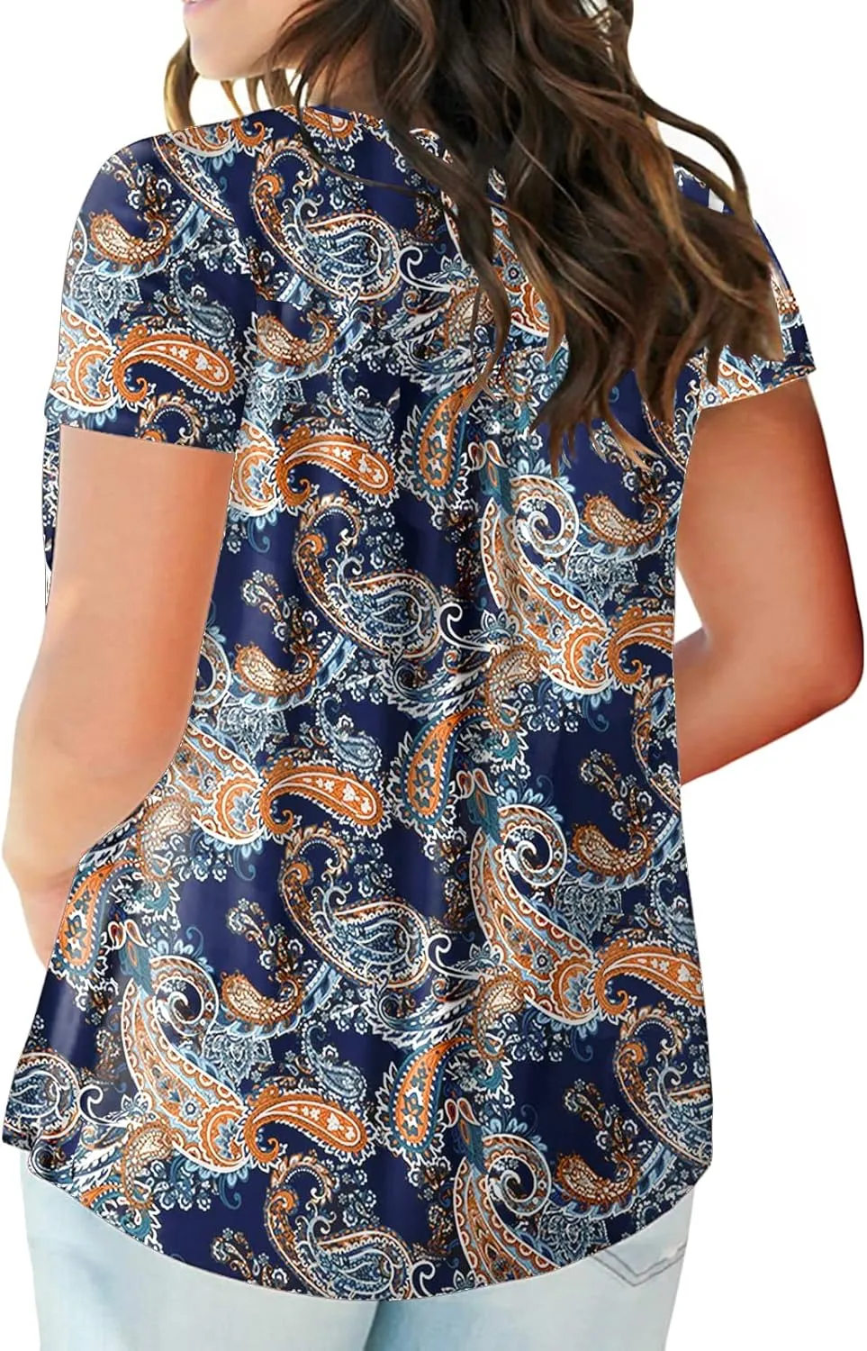 ROSRISS Womens-Plus-Size-Tops-Summer Buttons Up Henley Shirts V Neck Blouses Flowy Pleated Tunics Tee