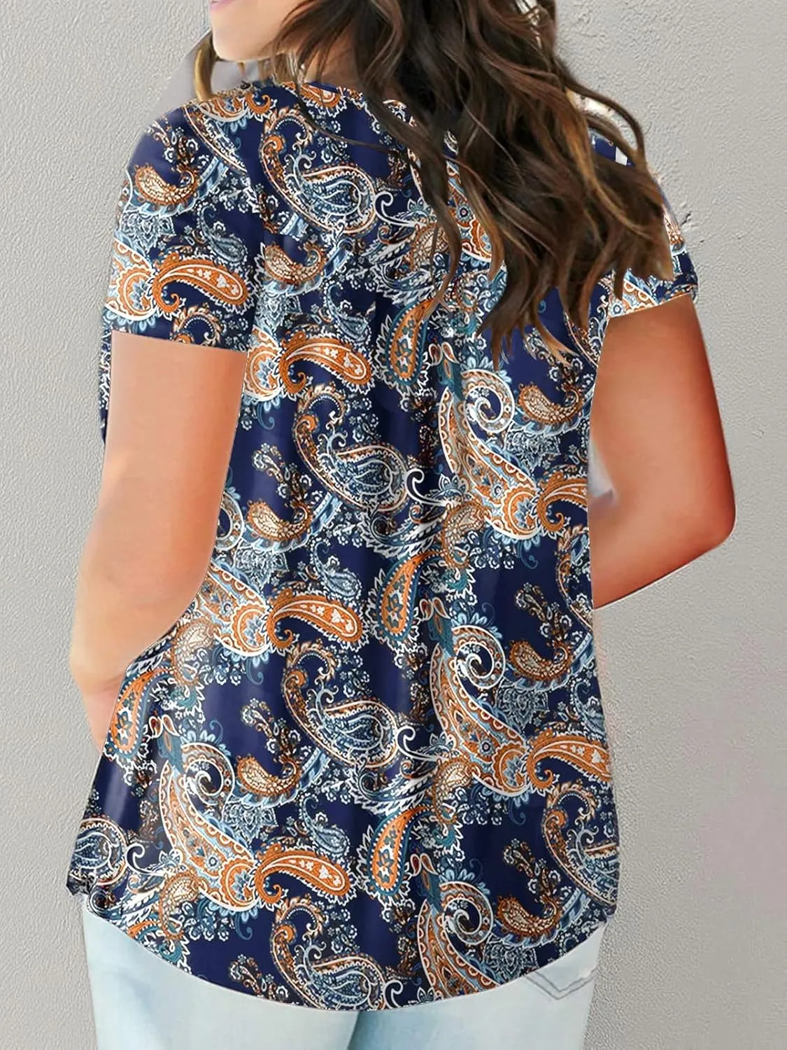 ROSRISS Womens-Plus-Size-Tops-Summer Buttons Up Henley Shirts V Neck Blouses Flowy Pleated Tunics Tee
