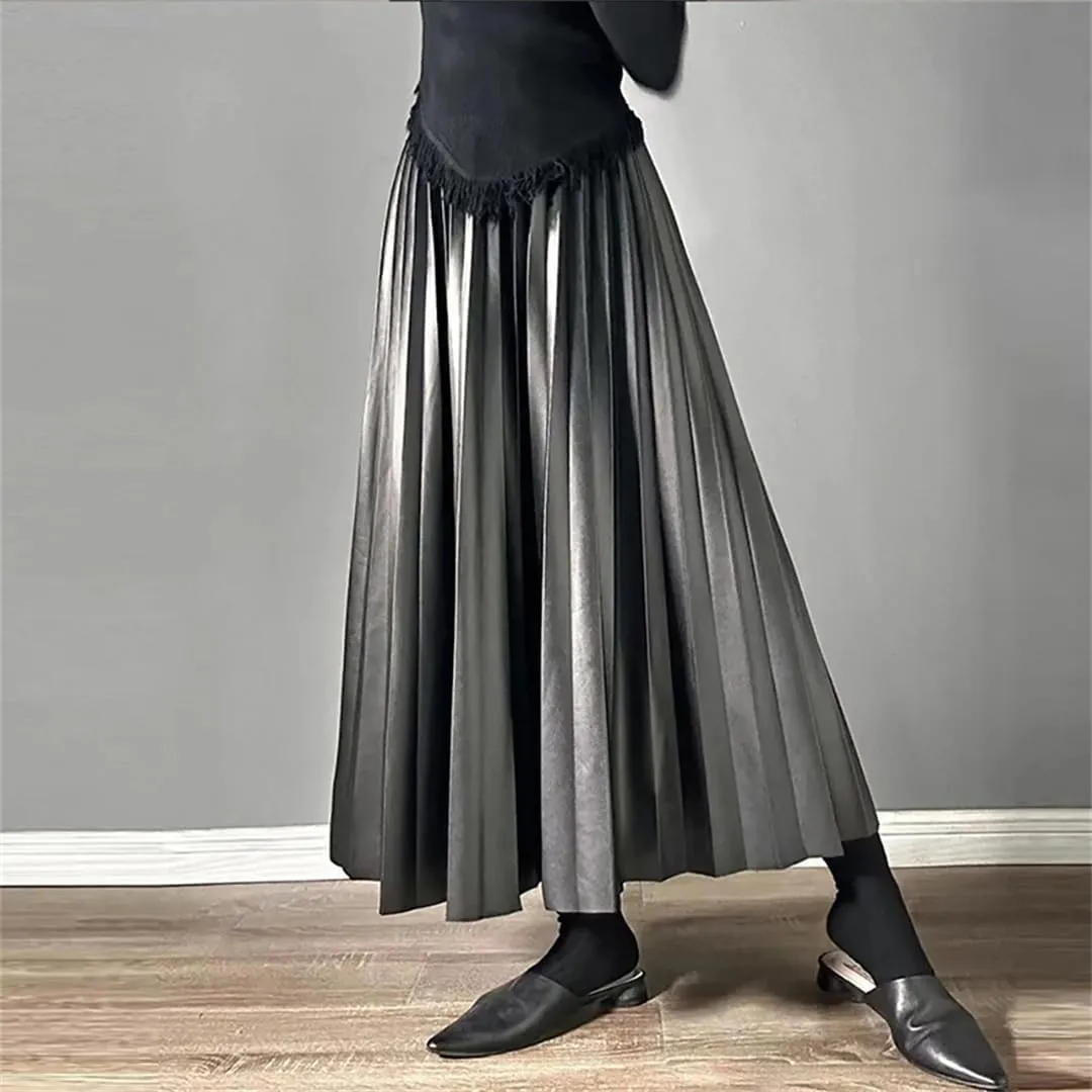Ruereuu Women's Pleated PU Skirt Stretch High Waist Solid Color Casual Slim Faux Leather Midi Skirts