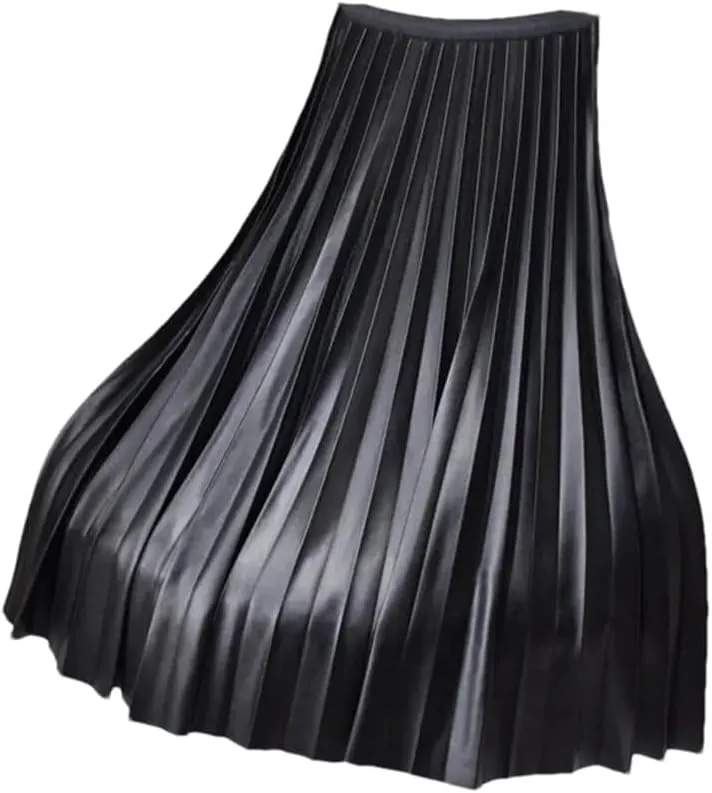 Ruereuu Women's Pleated PU Skirt Stretch High Waist Solid Color Casual Slim Faux Leather Midi Skirts