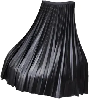 Ruereuu Women's Pleated PU Skirt Stretch High Waist Solid Color Casual Slim Faux Leather Midi Skirts