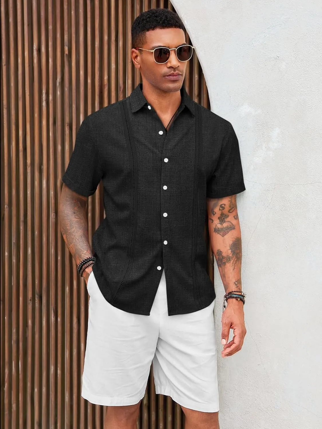 Runcati Mens Cuban Guayabera Shirts Short Sleeve Linen Casual Shirt Button Down Beach Summer Mexican Shirts