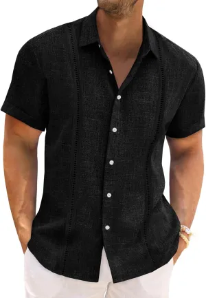Runcati Mens Cuban Guayabera Shirts Short Sleeve Linen Casual Shirt Button Down Beach Summer Mexican Shirts
