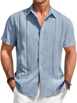 Runcati Mens Guayabera Shirts Short Sleeve Casual Cuban Linen Shirt Button Down Beach Summer Mexican Shirts