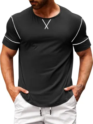 Runcati Mens Short Sleeve T-Shirts Crewneck Casual Cotton Workout Basic Tees Slim Fit Stretch Summer Shirt