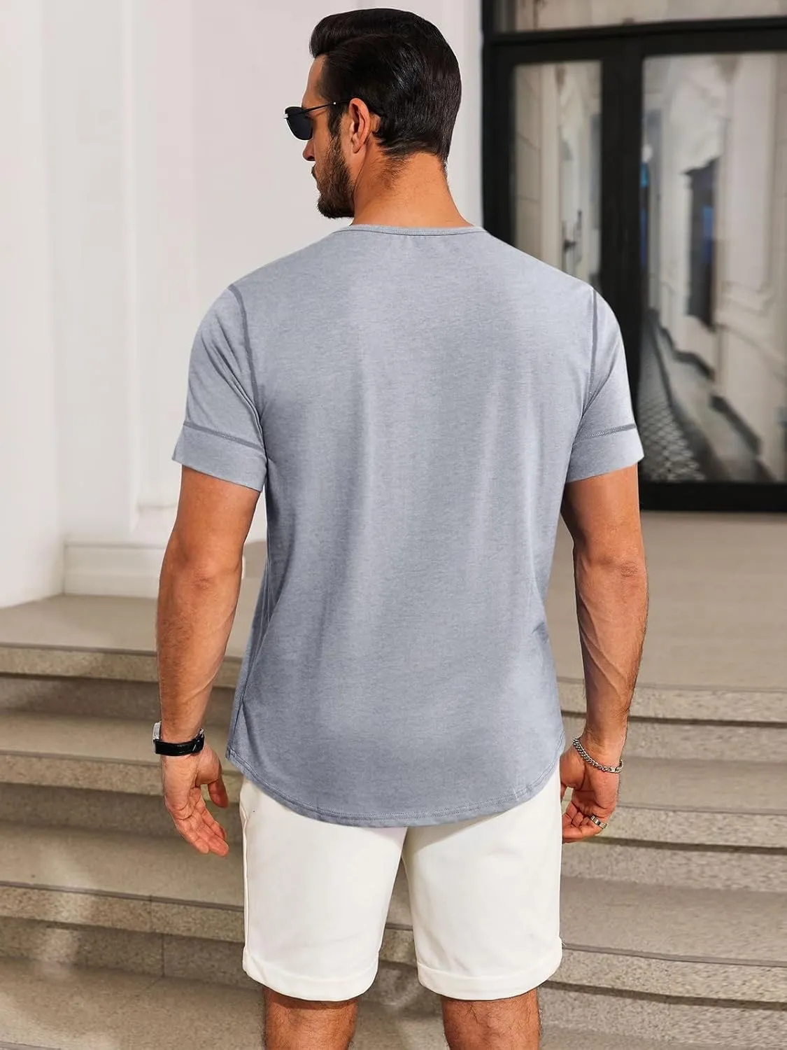 Runcati Mens Short Sleeve T-Shirts Crewneck Casual Cotton Workout Basic Tees Slim Fit Stretch Summer Shirt