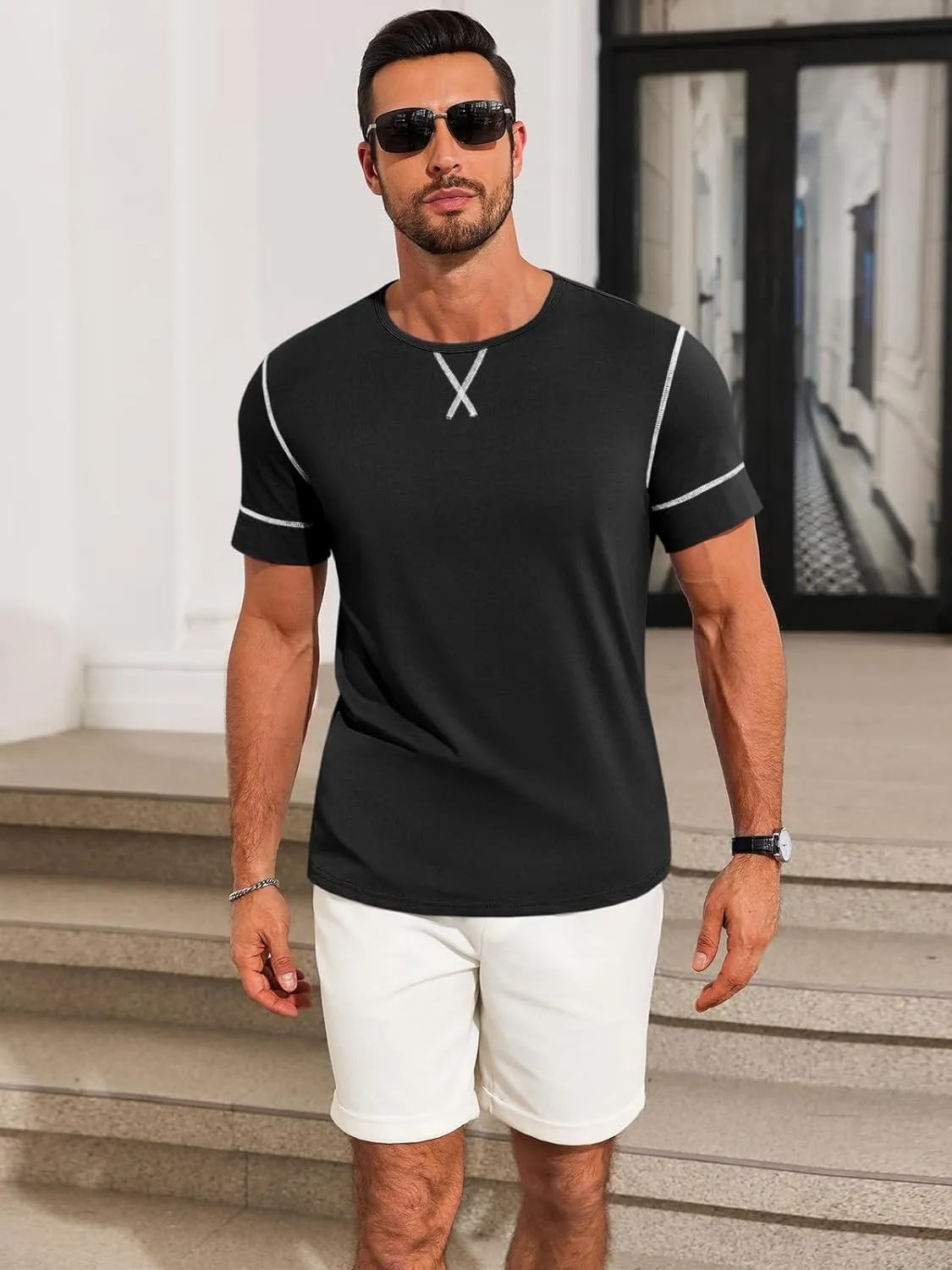 Runcati Mens Short Sleeve T-Shirts Crewneck Casual Cotton Workout Basic Tees Slim Fit Stretch Summer Shirt