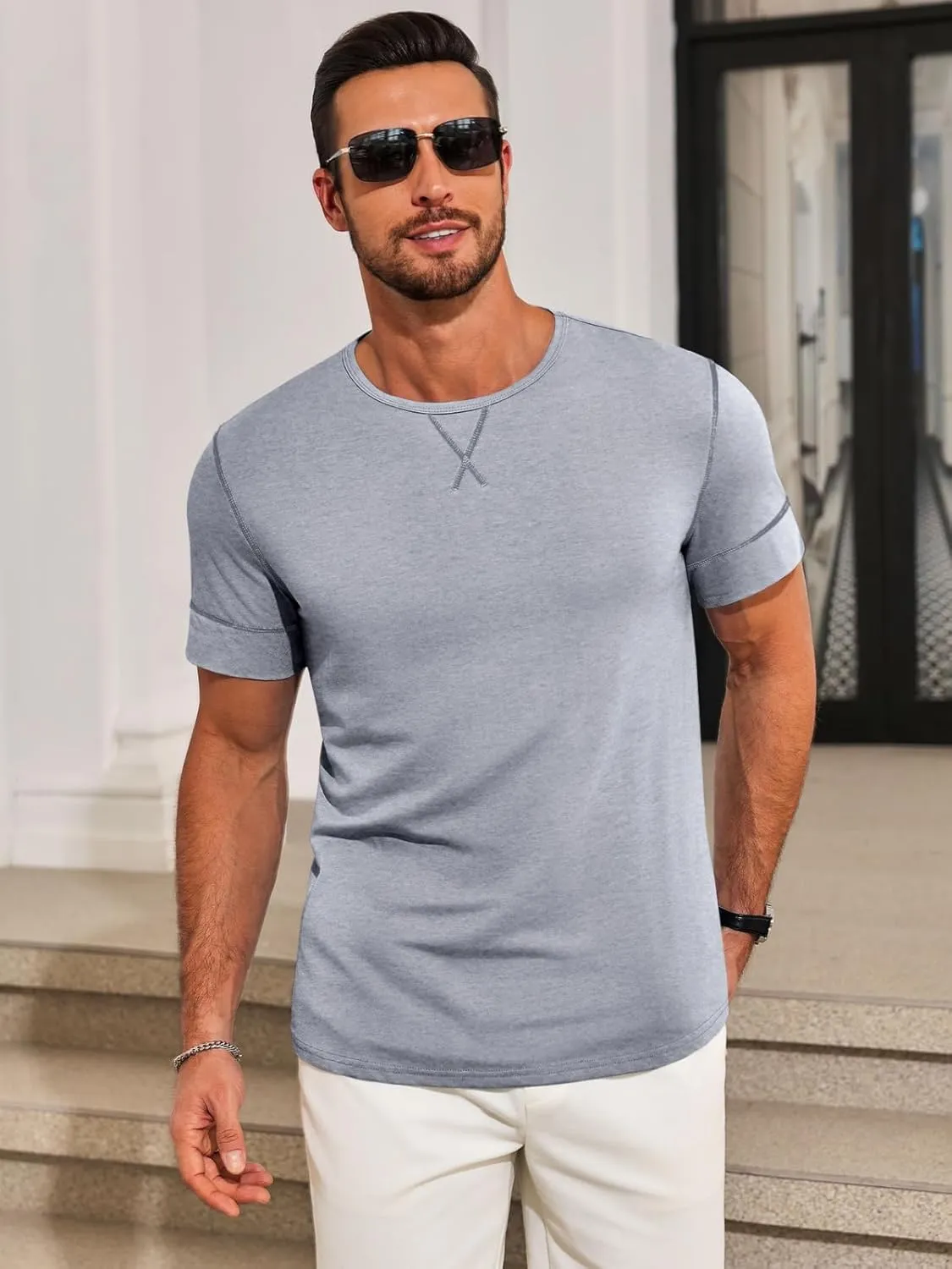 Runcati Mens Short Sleeve T-Shirts Crewneck Casual Cotton Workout Basic Tees Slim Fit Stretch Summer Shirt