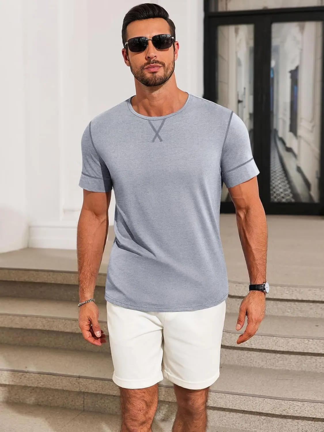 Runcati Mens Short Sleeve T-Shirts Crewneck Casual Cotton Workout Basic Tees Slim Fit Stretch Summer Shirt