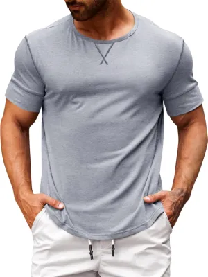 Runcati Mens Short Sleeve T-Shirts Crewneck Casual Cotton Workout Basic Tees Slim Fit Stretch Summer Shirt