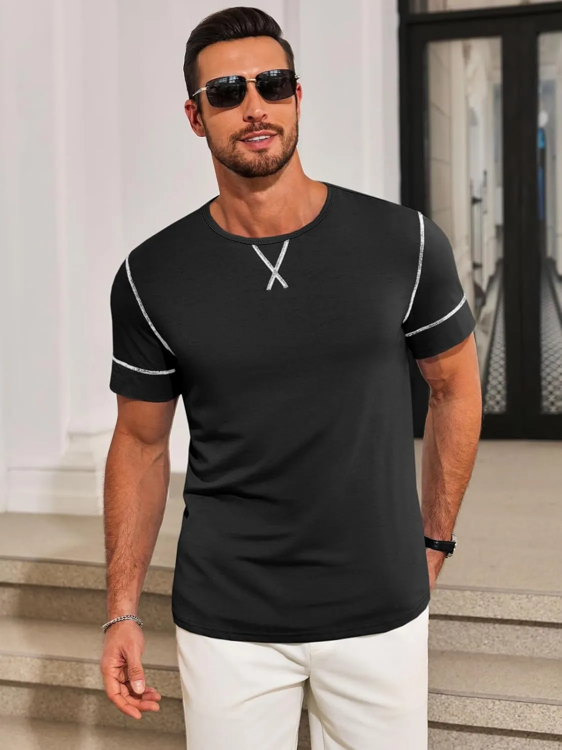 Runcati Mens Short Sleeve T-Shirts Crewneck Casual Cotton Workout Basic Tees Slim Fit Stretch Summer Shirt