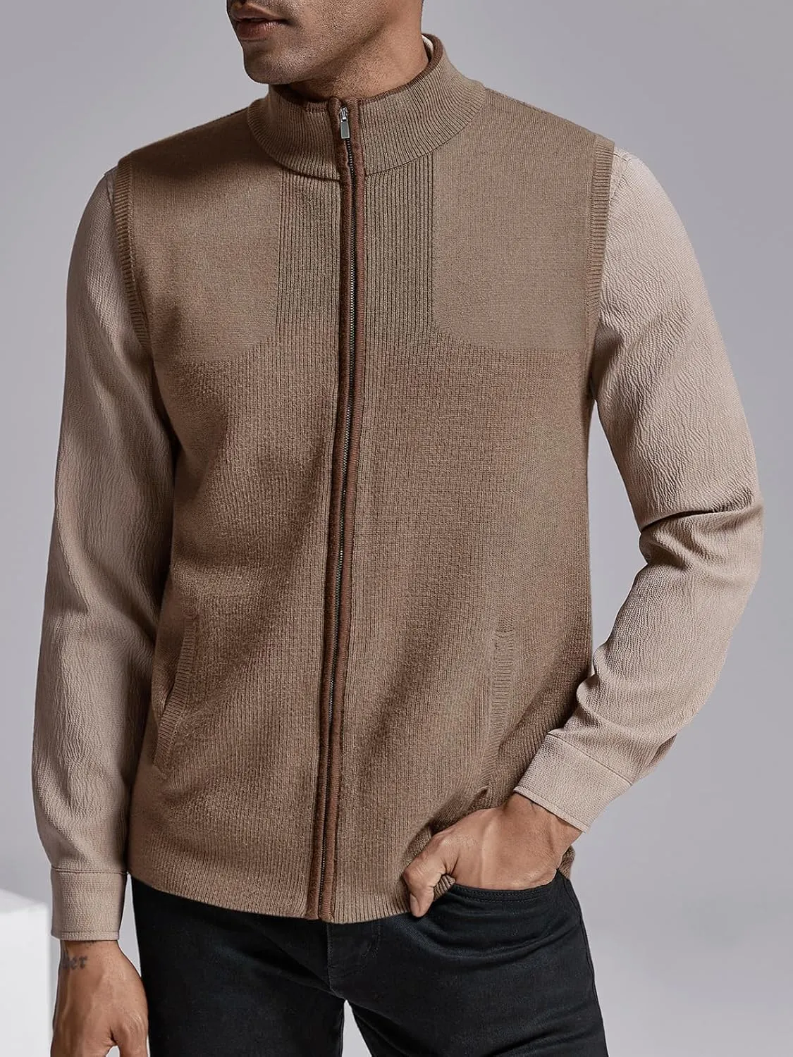 Ryannology Mens Sweater Vest Zip up Casual Sleeveless Cardigan Knitted Stand Collar Regular Fit Jacket with Pockets