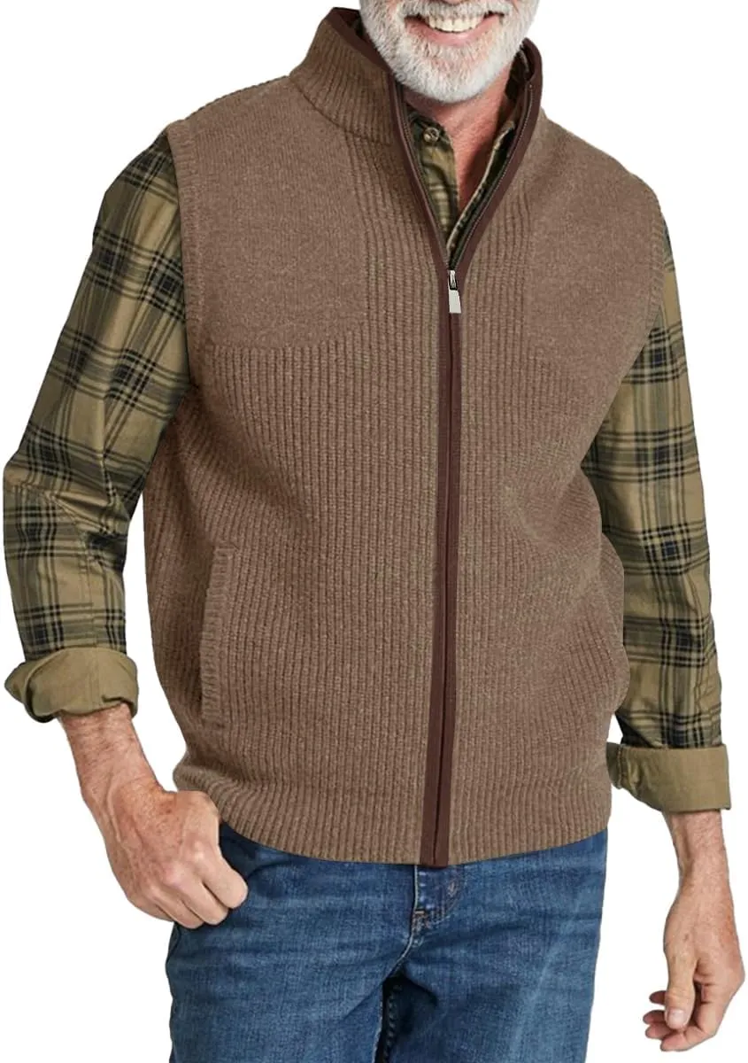 Ryannology Mens Sweater Vest Zip up Casual Sleeveless Cardigan Knitted Stand Collar Regular Fit Jacket with Pockets