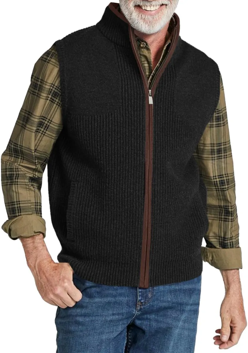 Ryannology Mens Sweater Vest Zip up Casual Sleeveless Cardigan Knitted Stand Collar Regular Fit Jacket with Pockets