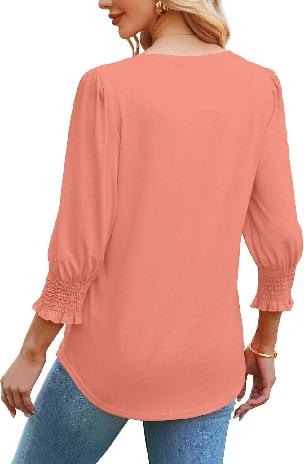 SAMPEEL 3/4 Length Sleeve Womens Tops Dressy Casual Blouses V Neck T Shirts with Smocked Cuffs
